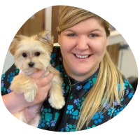 Megan Rozell – Dog Groomer Chicago a picture of Megan Rozell, blonde woman holding a white dog